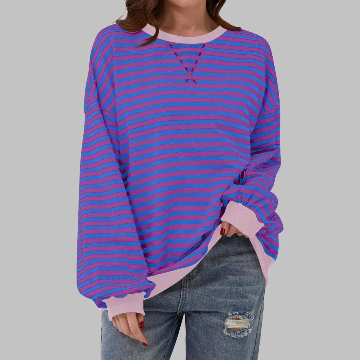 LUKA - Casual Long Sleeve Round Neck Striped Sweatshirt