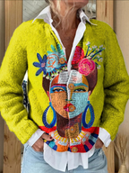 Oil Painting Freda Portrait Art Printed | Buttoned Cardigan Sweater