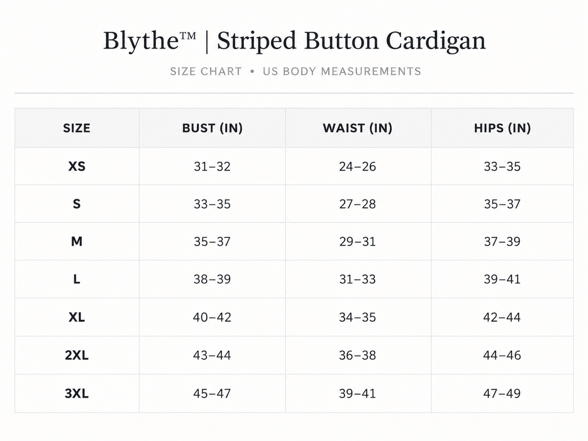 Size chart for Blythe™ | Striped Button Cardigan