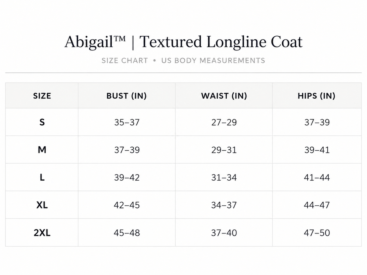 Size chart for Abigail™ | Textured Longline Coat