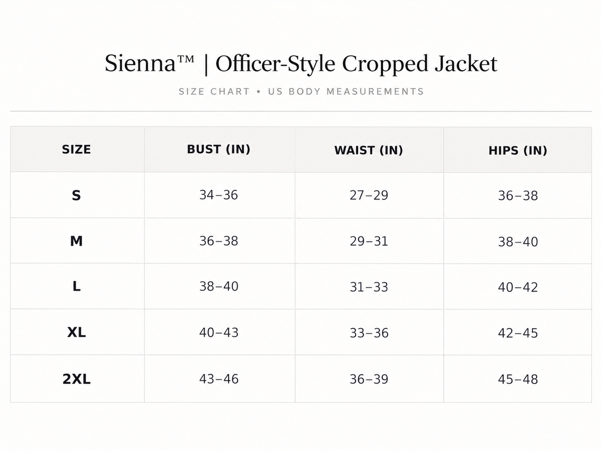 Size chart for Sienna™ | Officer-Style Cropped Jacket