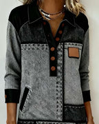 Dress Button Flip V-neck Color Block Modern