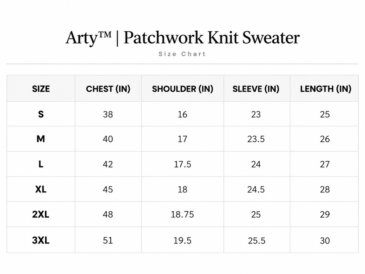 Size chart for Arty™ | Patchwork Knit Sweater