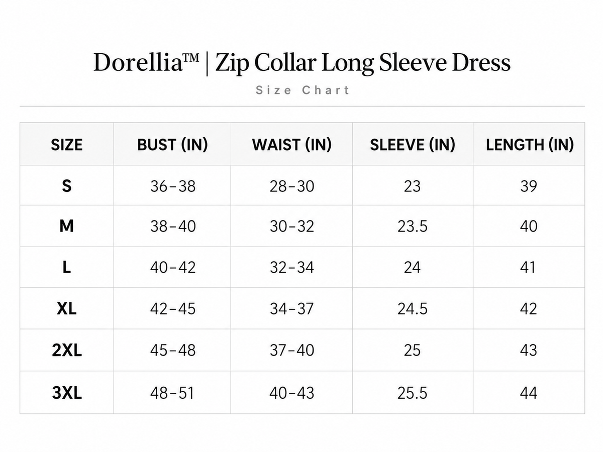 Size chart for Dorellia™ | Zip-Collar Long-Sleeve Dress
