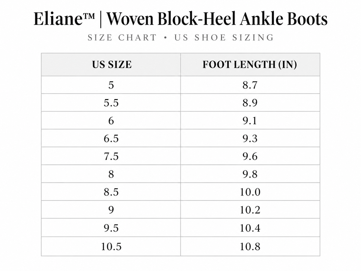 Size chart for Éliane™ | Woven Block-Heel Ankle Boots