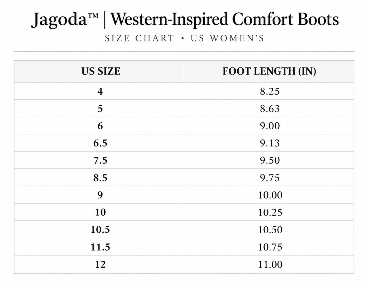 Size chart for Jagoda™ | Western-Inspired Comfort Boots
