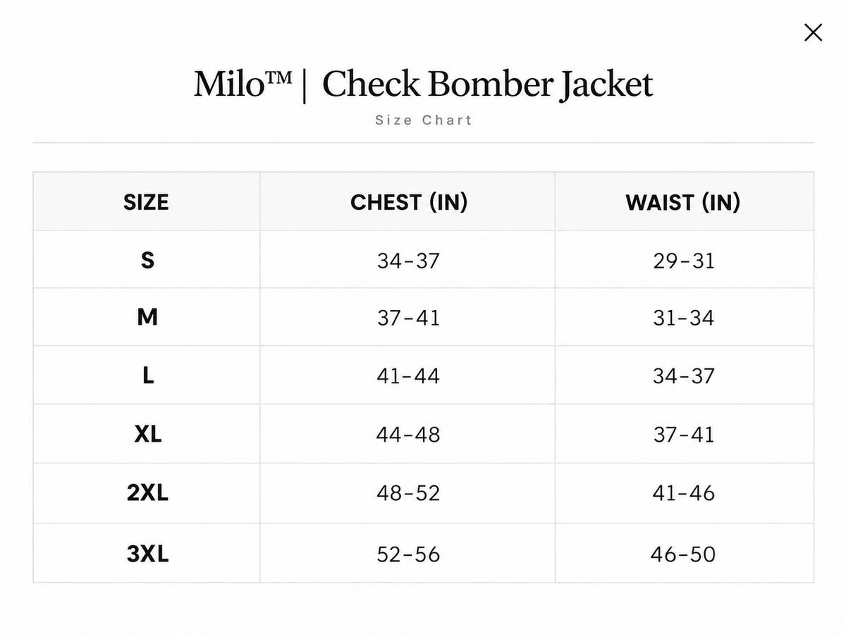 Size chart for Milo™ | Check Bomber Jacket