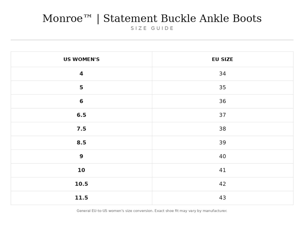 Size chart for Monroe™ | Statement Buckle Ankle Boots