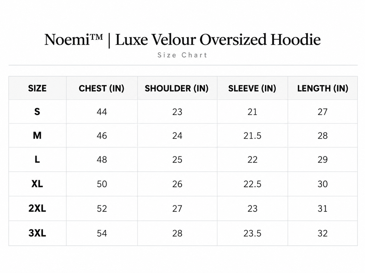 Size chart for Noemi™ | Luxe Velour Oversized Hoodie
