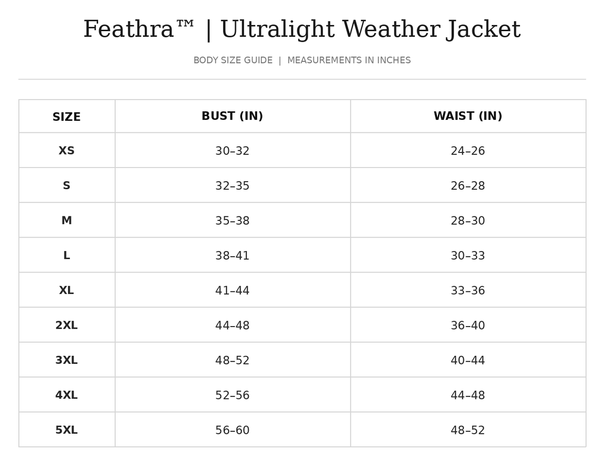 Size chart for Feathra™ | Ultralight Weather Jacket