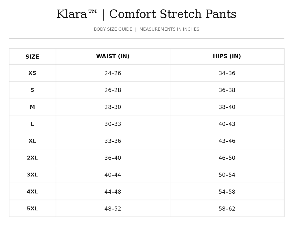 Size chart for Klara™ | Comfort Stretch Pants