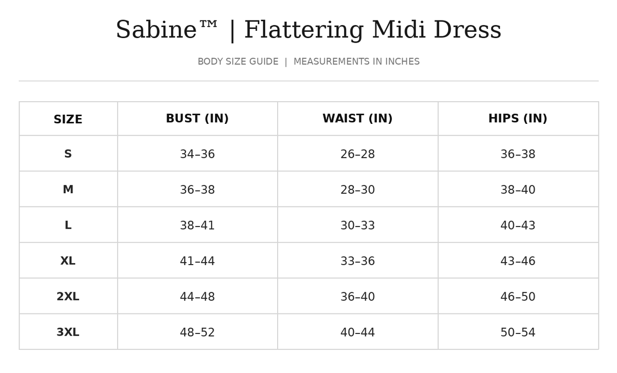 Size chart for Sabine™ | Flattering Midi Dress