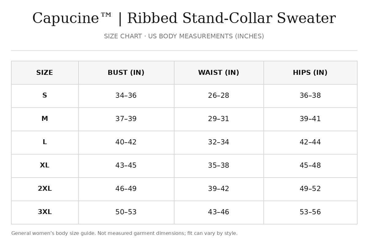 Approximate size guide for Capucine™ | Ribbed Stand-Collar Sweater; exact garment measurements have not been verified