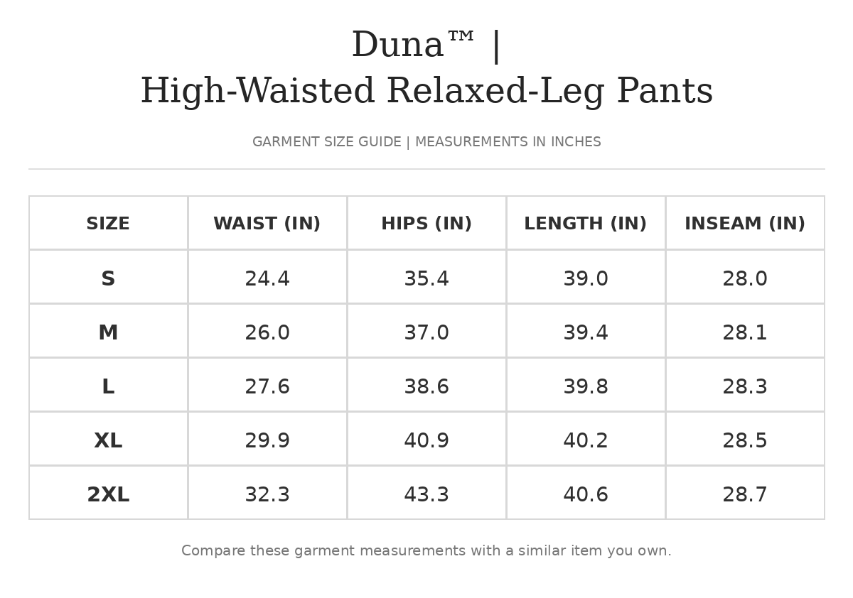 Size chart for Duna™ | High-Waisted Relaxed-Leg Pants