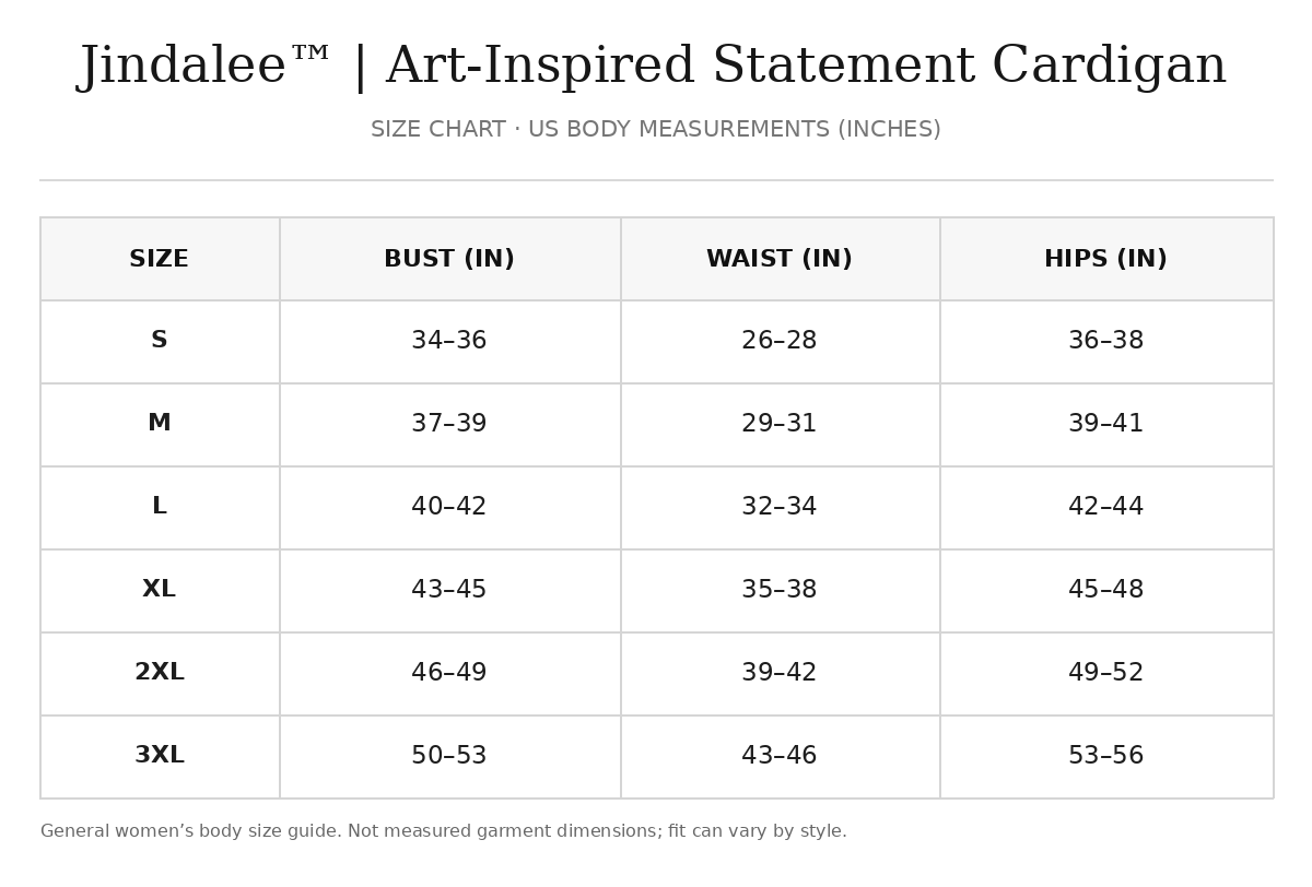 Approximate size guide for Jindalee™ | Art-Inspired Statement Cardigan; exact garment measurements have not been verified