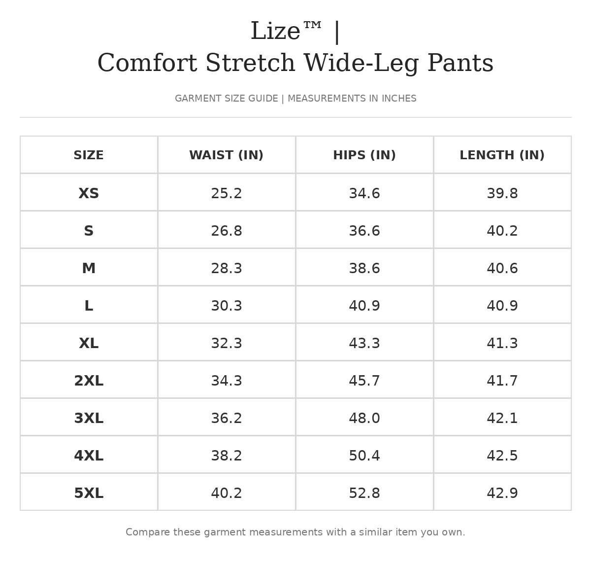 Size chart for Lize™ | Comfort Stretch Wide-Leg Pants