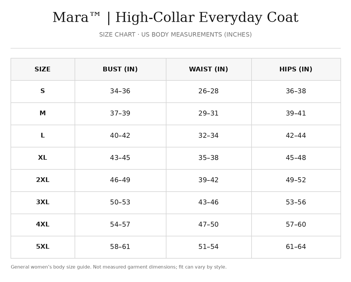 Approximate size guide for Mara™ | High-Collar Everyday Coat; exact garment measurements have not been verified