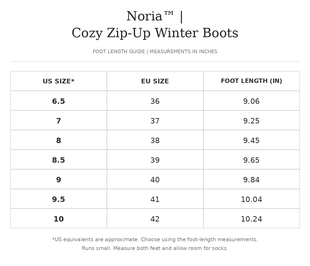 Size chart for Noria™ | Cozy Zip-Up Winter Boots