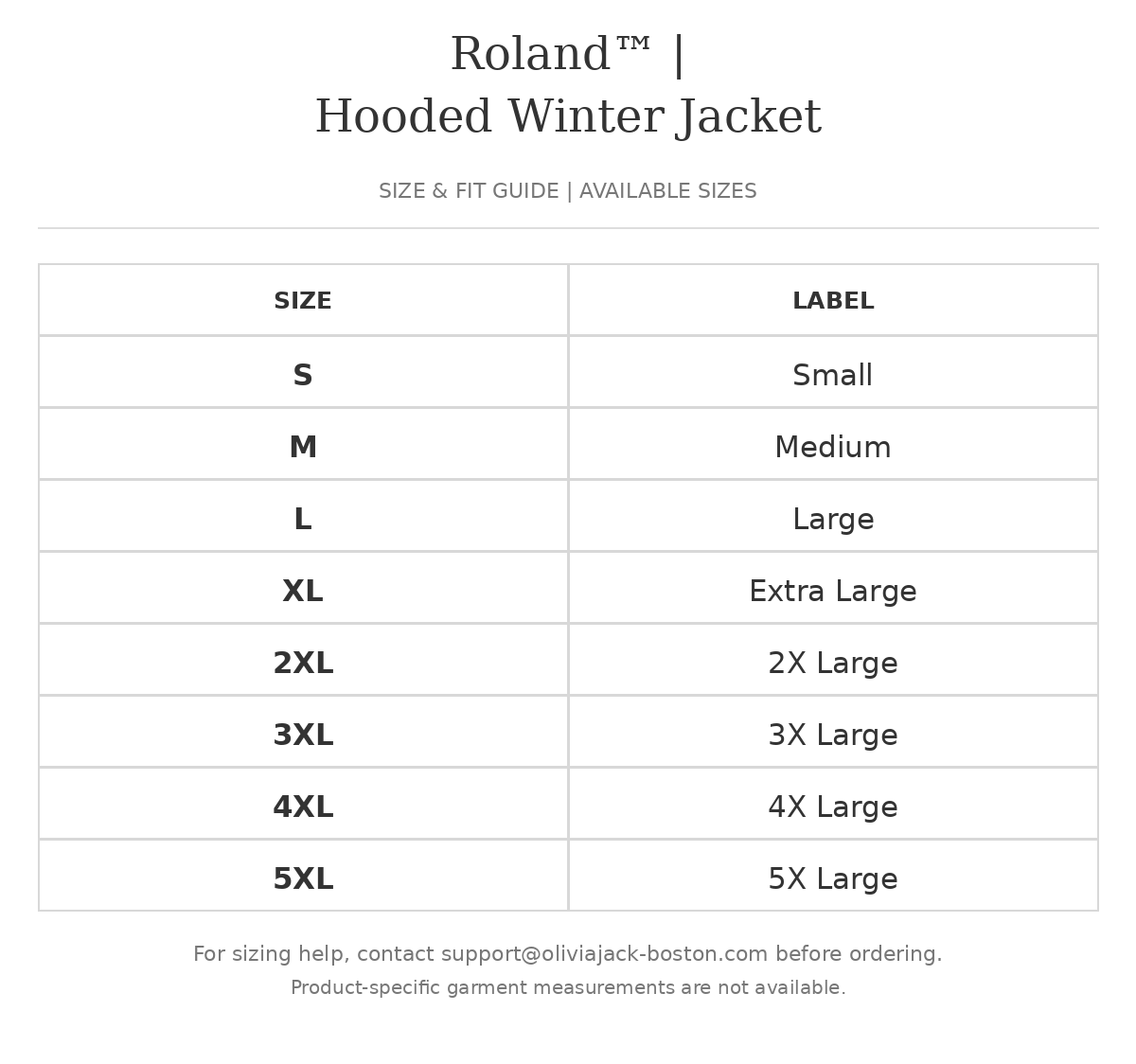 Size chart for Roland™ | Hooded Winter Jacket