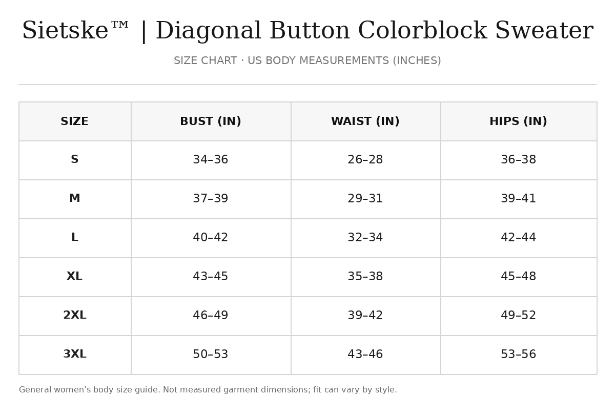 Approximate size guide for Sietske™ | Diagonal Button Colorblock Sweater; exact garment measurements have not been verified