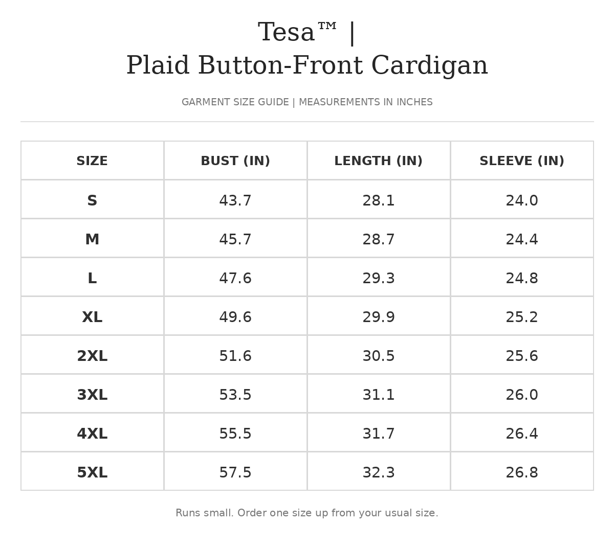 Size chart for Tesa™ | Plaid Button-Front Cardigan