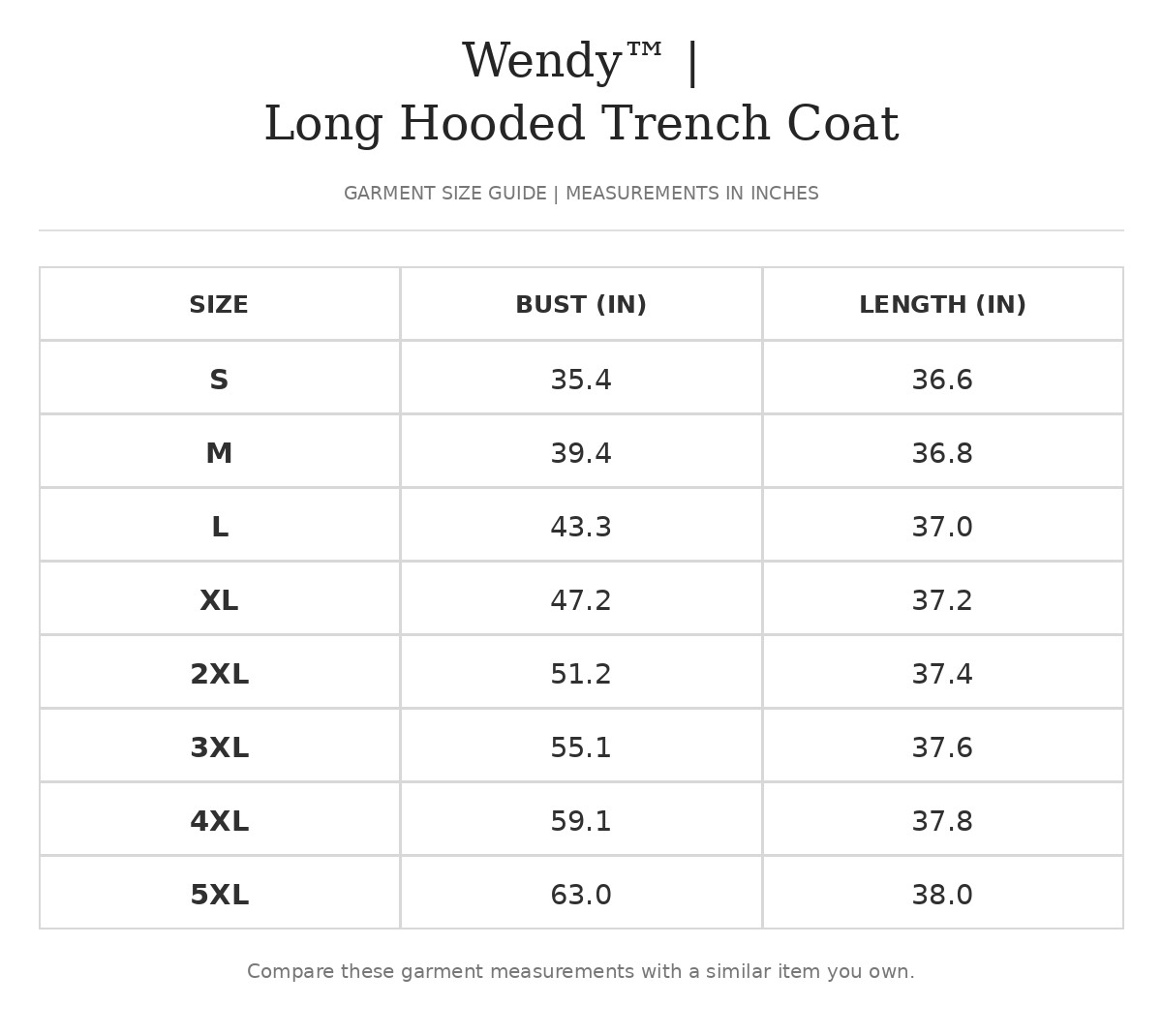 Size chart for Wendy™ | Long Hooded Trench Coat