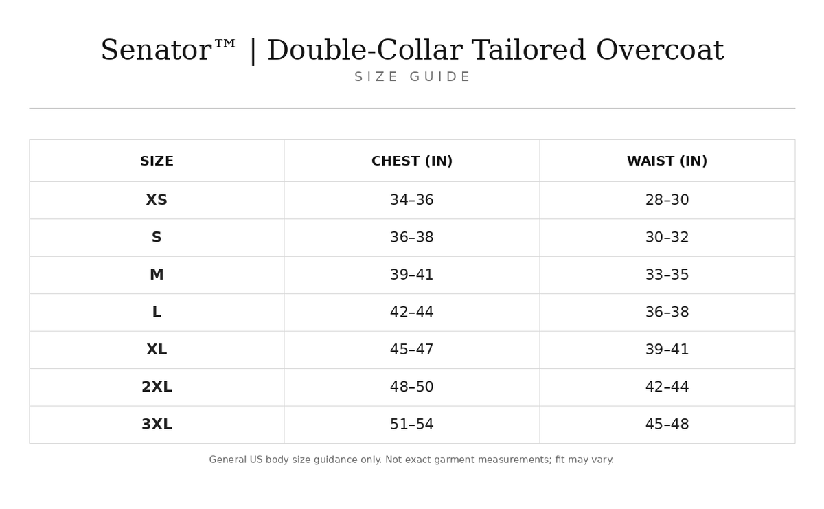 Size chart for Senator™ | Double-Collar Tailored Overcoat