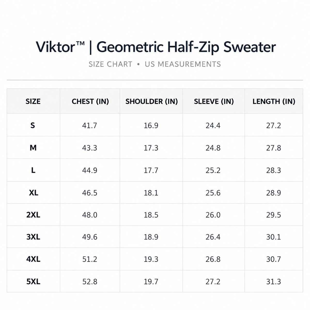 Size chart for Viktor™ | Geometric Half-Zip Sweater