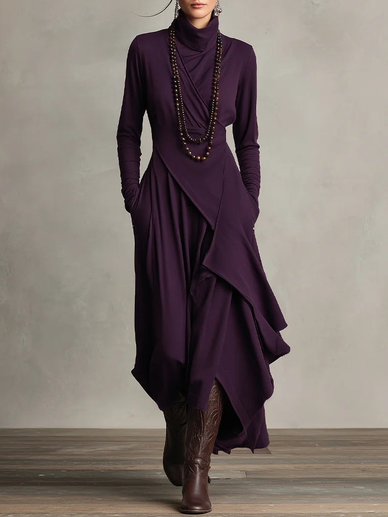 Giorgia - Asymmetrical Maxi Pleated Dress in Purple with High Neck (Necklace not included)