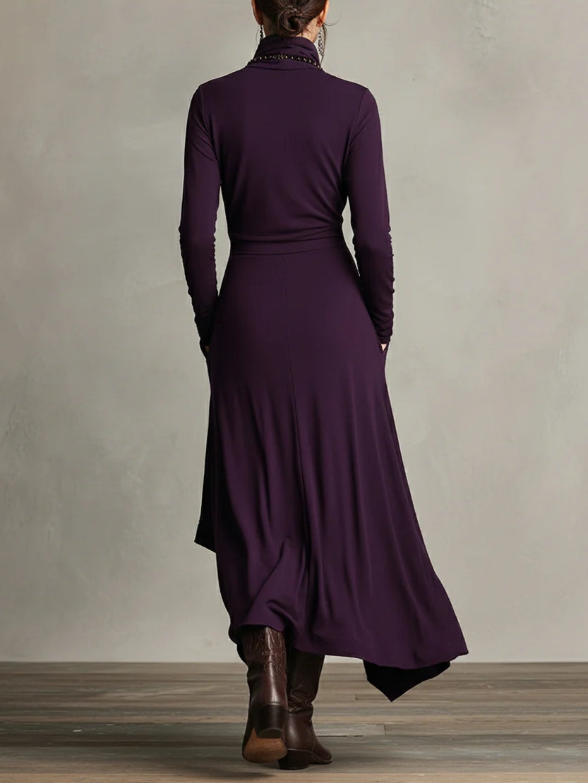 Giorgia - Asymmetrical Maxi Pleated Dress in Purple with High Neck (Necklace not included)