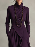 Giorgia - Asymmetrical Maxi Pleated Dress in Purple with High Neck (Necklace not included)