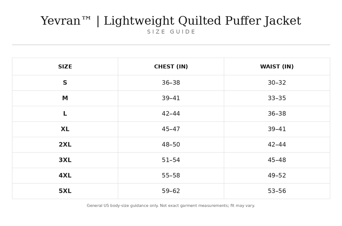Size chart for Yevran™ | Lightweight Quilted Puffer Jacket