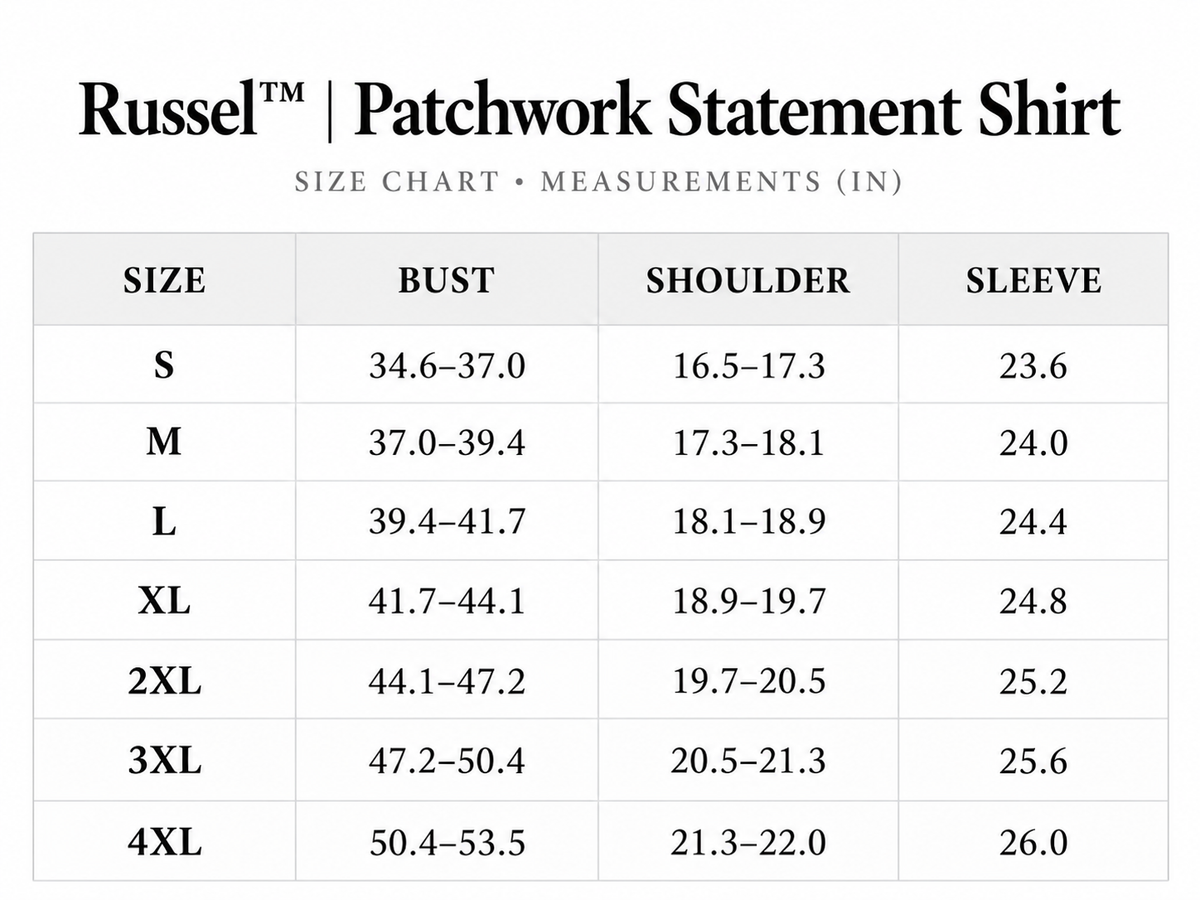 Size chart for Russel™ | Patchwork Statement Shirt